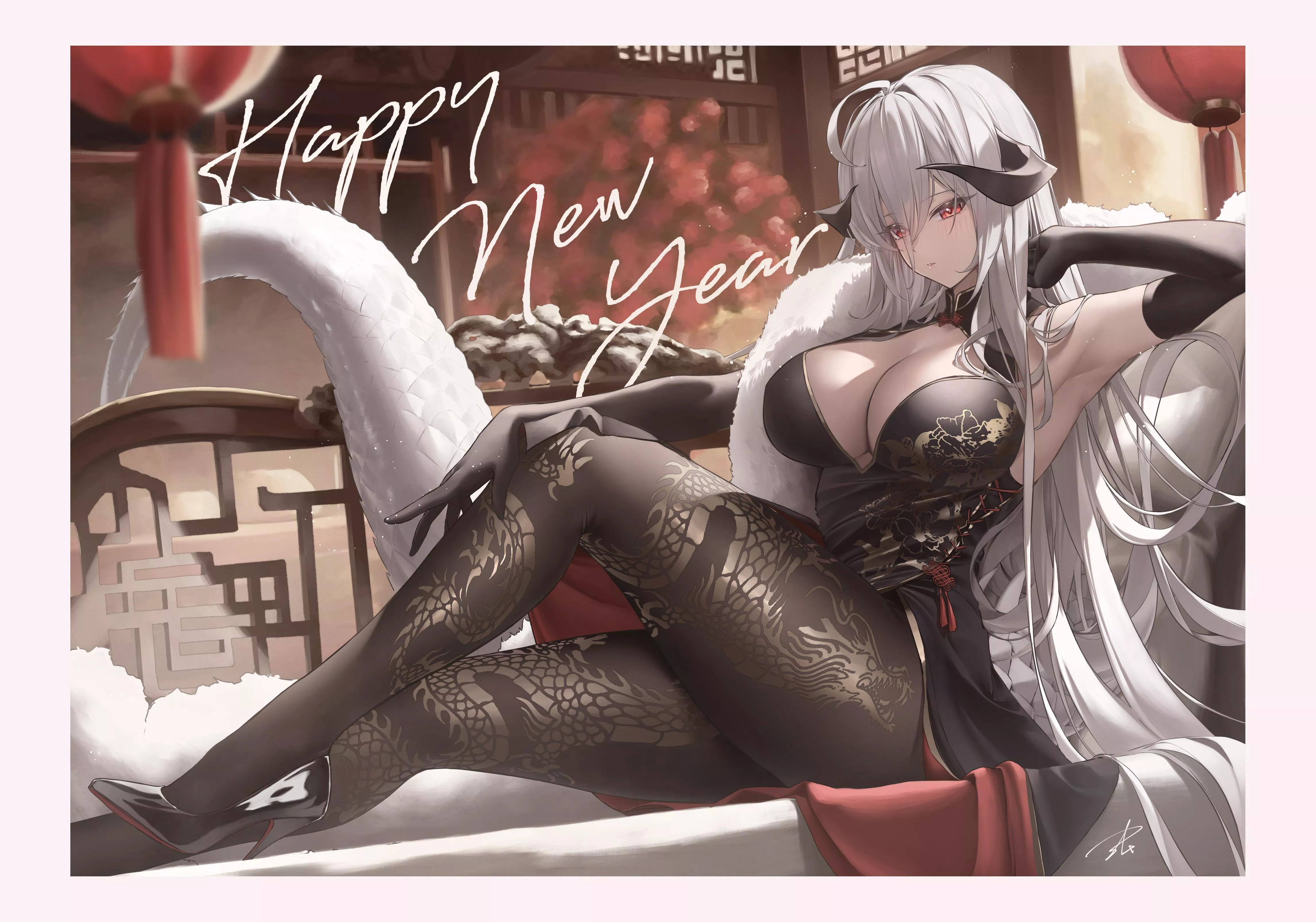 happy new year from horned dragon girl in China dress [original] posted by Ok_Tea_7964