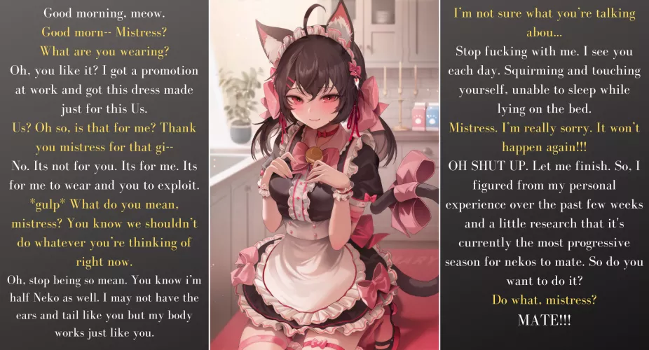 You wake up one day, ready to serve your mistress again. But find yourself in a rather peculiar state. [F4A] [Neko] [Maid] [Servant] [Implied Sex] [Dressing] [Wholesome?] [Mating] (artist: Zerocat) by Wise_Wanker