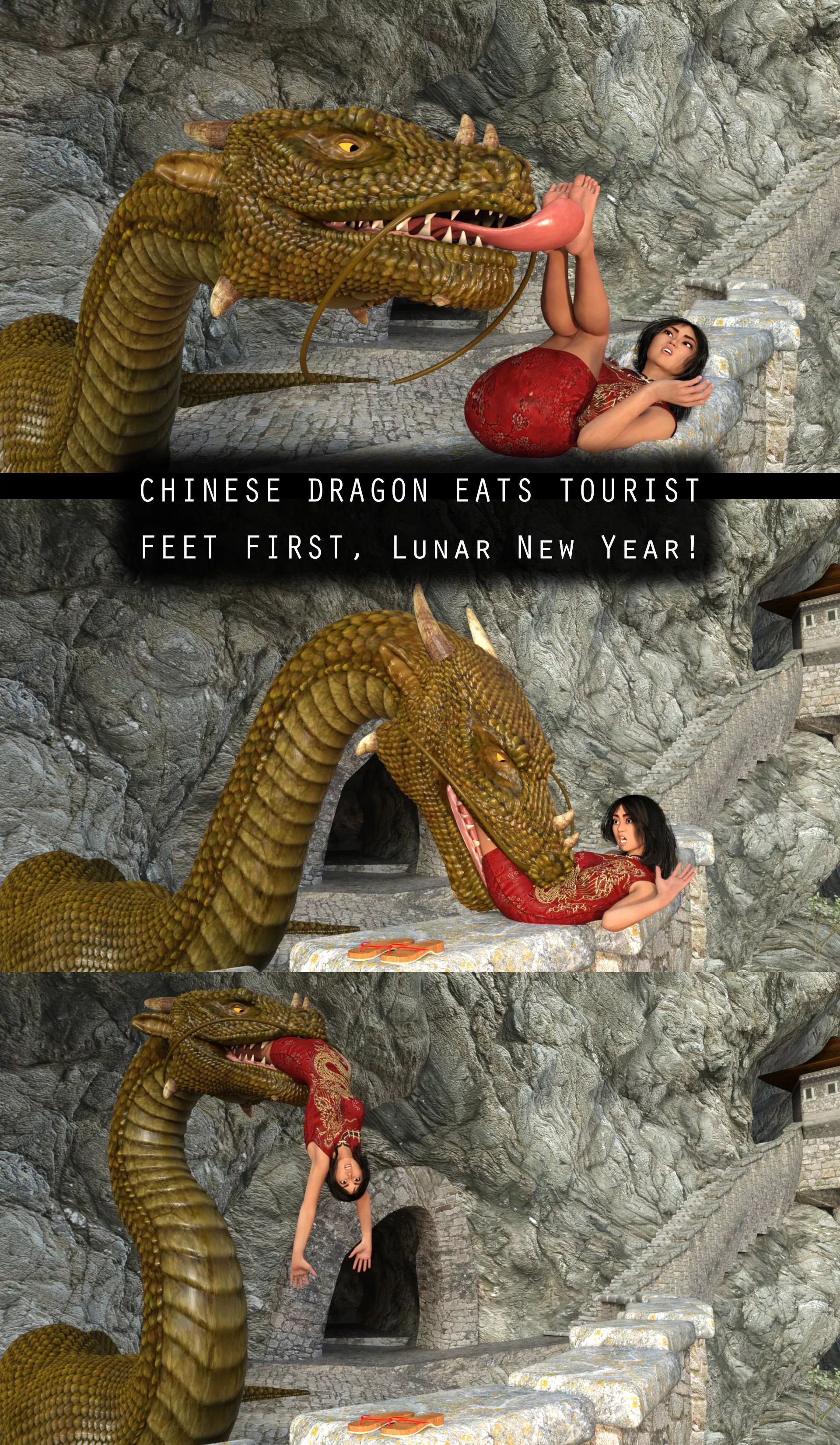 {Image} Chinese Dragon Eats Tourist Feet First WIP 2/4/24 (?/Dragon)(F/Human)(Soft)(Oral)(unwilling)(nsfw)(OC: WormsignVore Animations) posted by WormsignVore