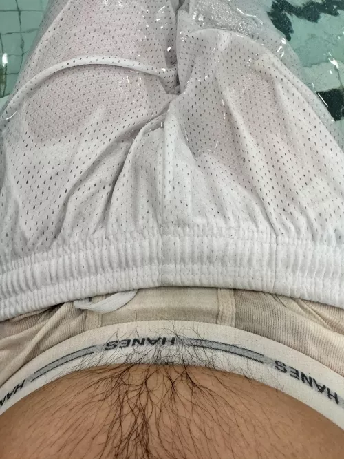 Piss filled Hanes briefs sag with bball shorts in the spa at gym by coinpusherking8888