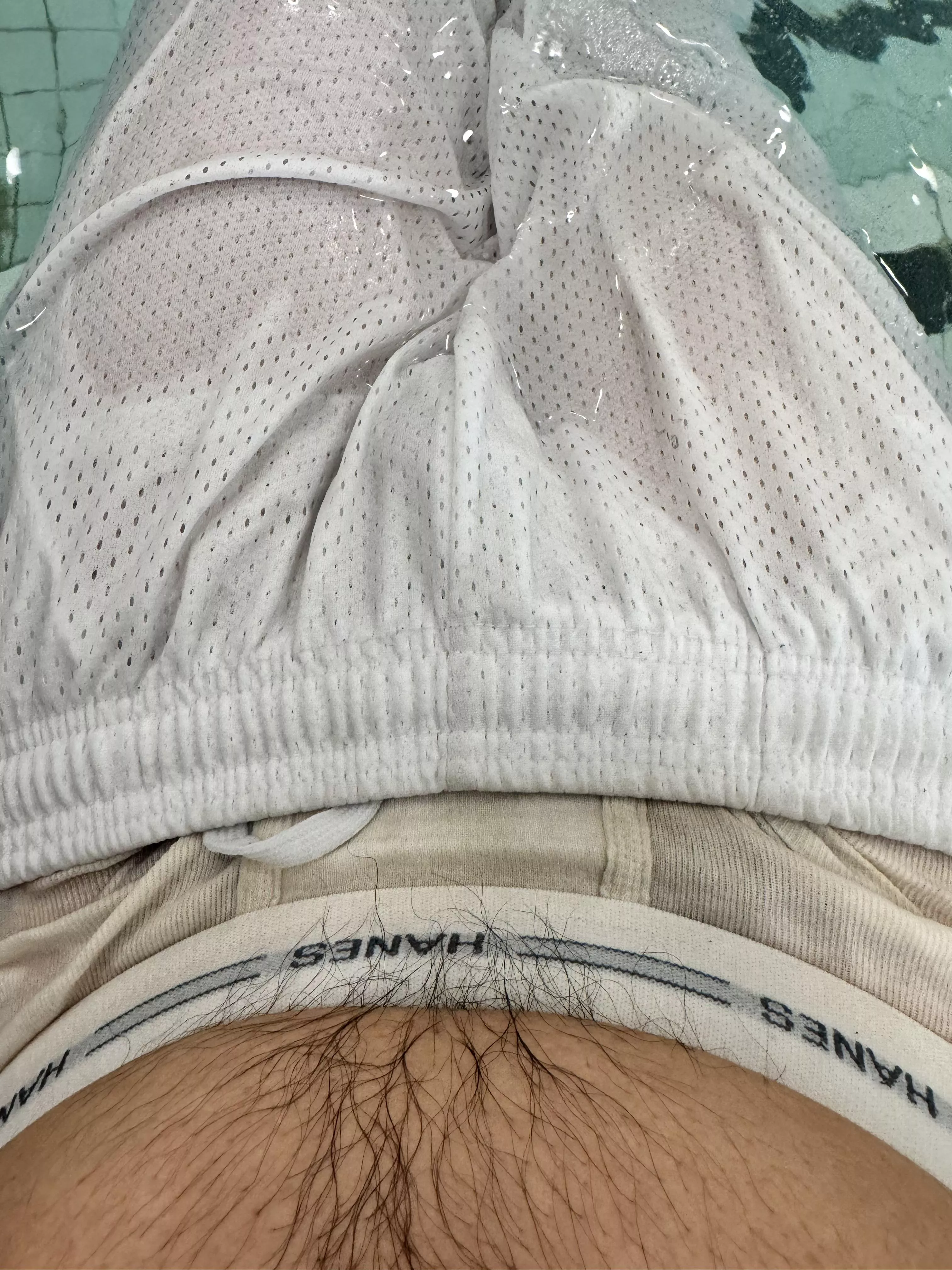 Piss filled Hanes briefs sag with bball shorts in the spa at gym posted by coinpusherking8888