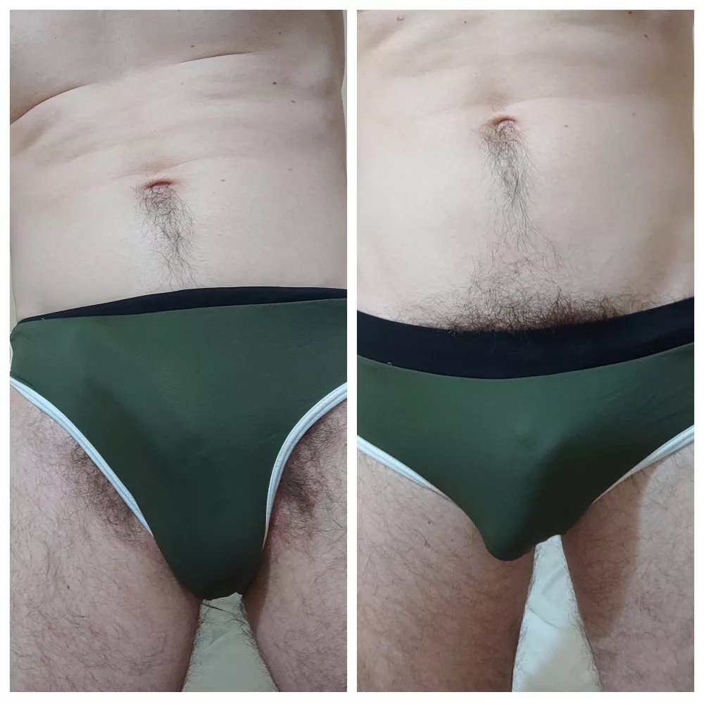 Which way is more decent for going to the pool? I've bought the new swimming trunks but it's not able to hide my bush. Don't offer to shave or buy swimming shorts. I think the right one is more suitable because it looks organic with belly hair. What d posted by Then-Mechanic-3092