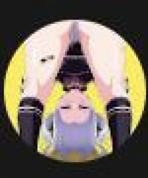 LF Color Source: 1girl, looking through legs, bent over, eyes closed, school uniform, purple/gray hair, yellow background, holding thighs, blushing, flashing panties by Multijw