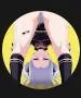 LF Color Source: 1girl, looking through legs, bent over, eyes closed, school uniform, purple/gray hair, yellow background, holding thighs, blushing, flashing panties posted by Multijw