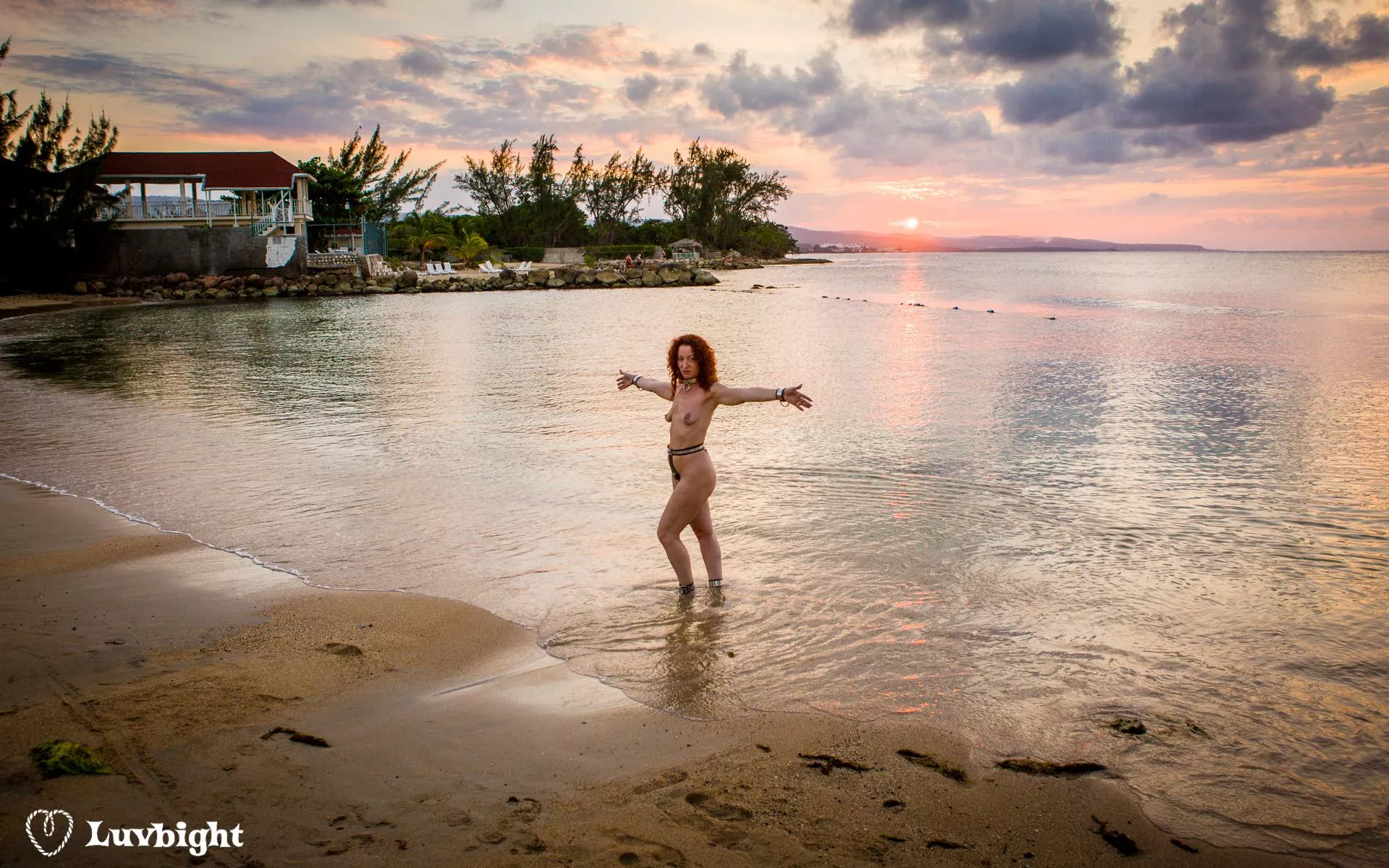 Wide shot of Dee Luvbight on the prude beach at sunset, Hedonism III, Runaway Bay, Jamaica (2008). posted by MickLuvbight