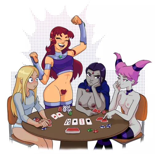[Blargar] (Teen Titans) Starfire, Raven, Jinx, and Terra enjoying strip poker. All characters are adults by villianrules