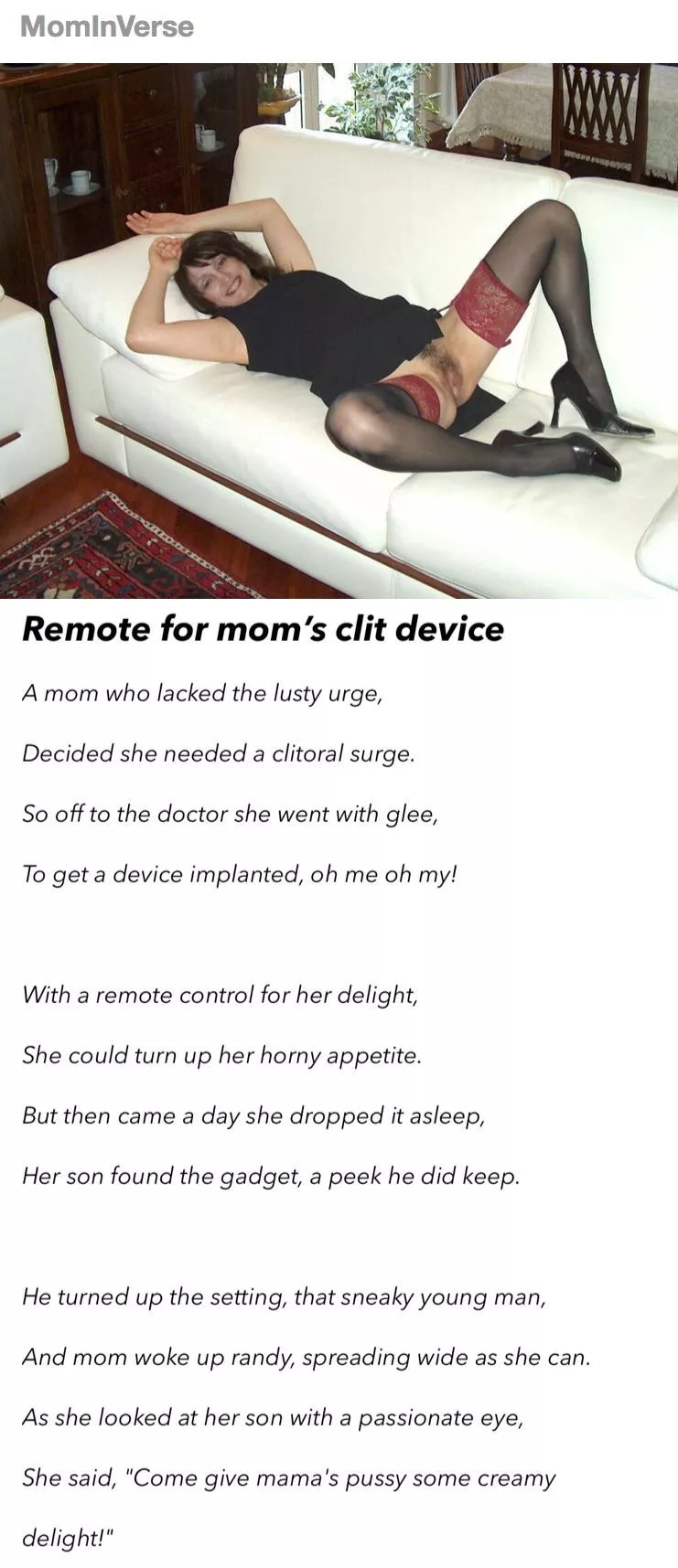 [POEM] A mom with low sex drive gets a device fitted in her clit. To one day her boy finds it’s remote control laying on the floor. posted by mominverse