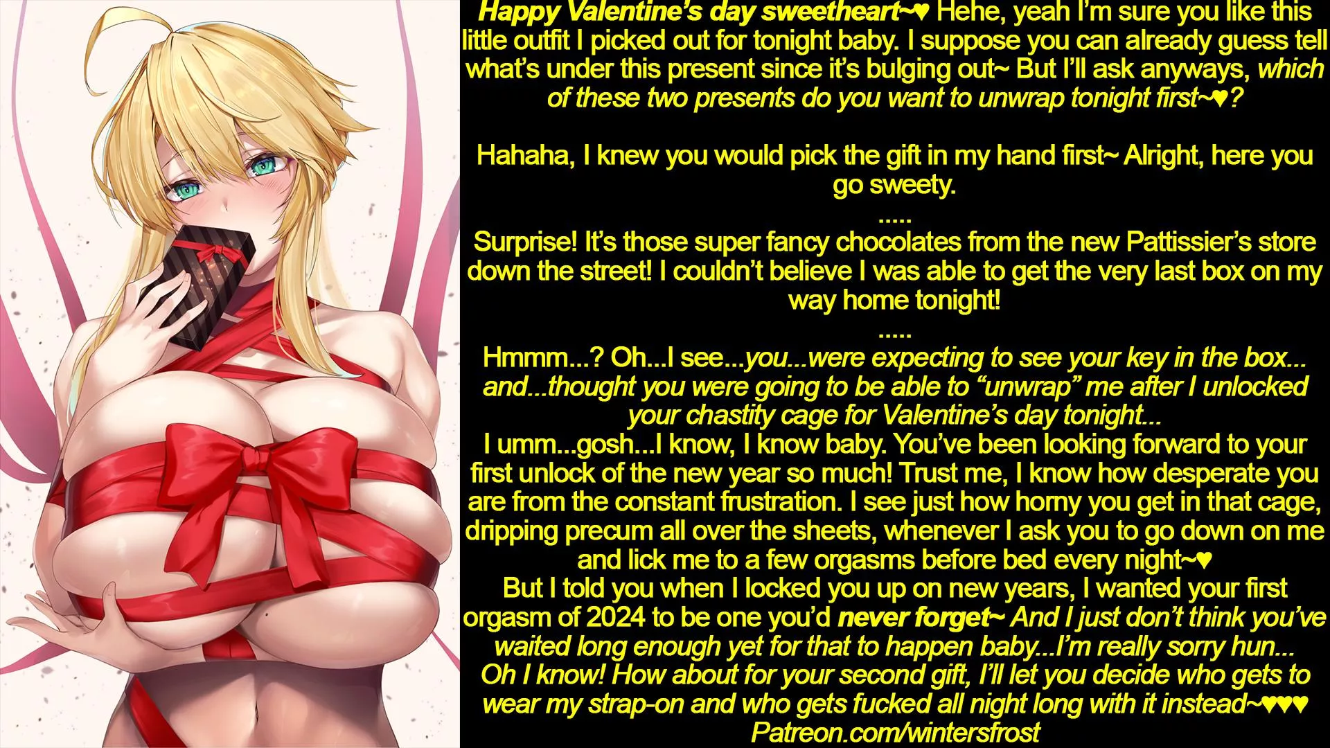 She truly does care. So she at least gave you the choice on Valentine's day this year~ [chastity] [strap-on] posted by WintersCuck