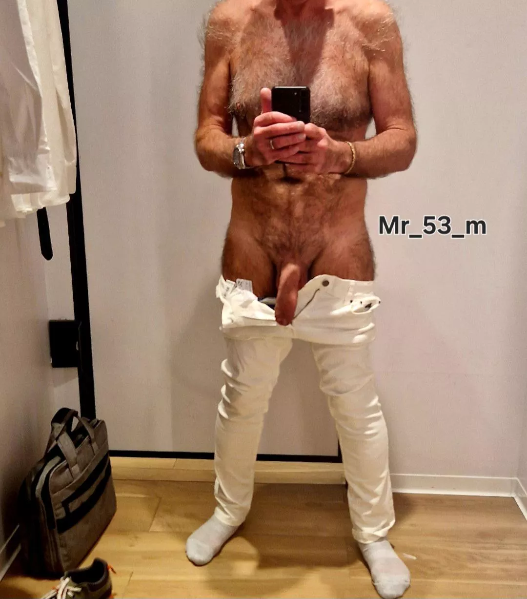 Trying on skinny white jeans. Don't want any VPL, so commando it is....💪🍆 posted by Mr_53_m