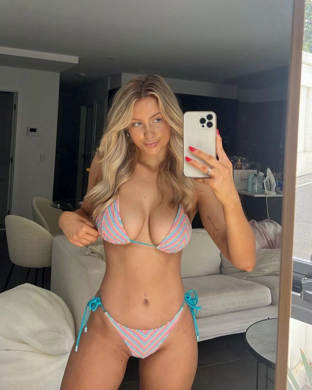 Striped bikini selfie posted by dogsnolegs2