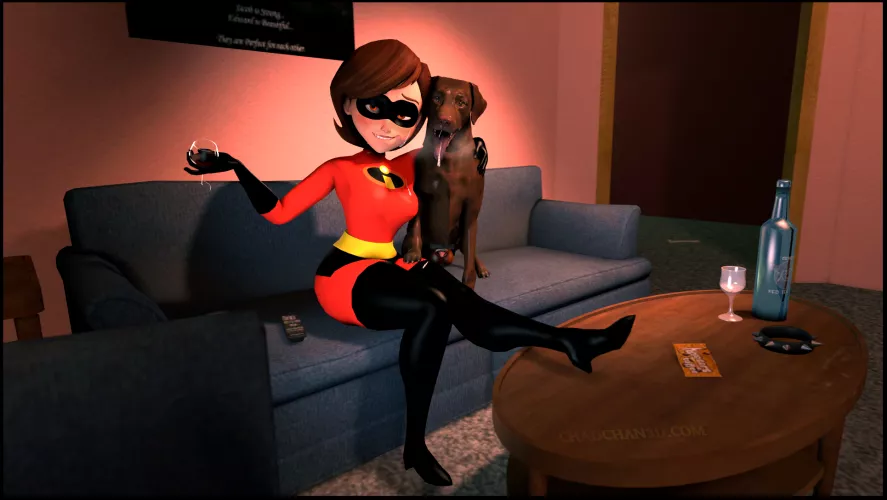 Just Helen putting on her old outfit, getting a lil tipsy, and playing with her dog. [Incredibles] (ChadChan3D) by ChadChan3D