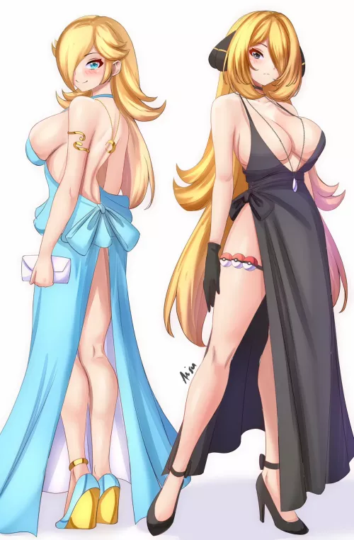 Rosalina joined by Cynthia in wearing revealing dresses by Terran117