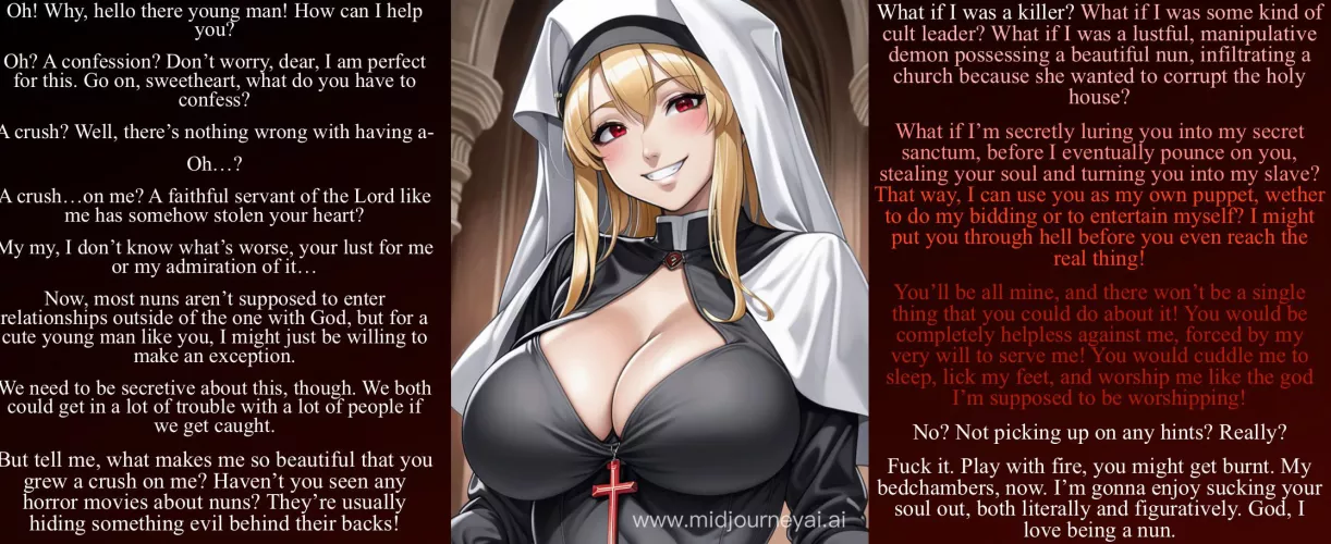 The red flags really compliment her demonic red eyes [demon nun] [listener is kind of a dumbass] [definitely Yandere vibes] [lots of red flags] [corruption] by Sir-M-Oxlong