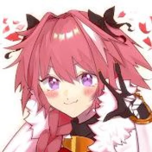 LF Color Source: Astolfo (Fate Grand Order), face, close-up, hair intakes, hair over shoulder, hair bow, black bow, looking at viewer, w (use of 3 fingers), peace sign, smile, fang, blushing, purple eyes, braid, pink hair, heart shaped flower petals by hhpog