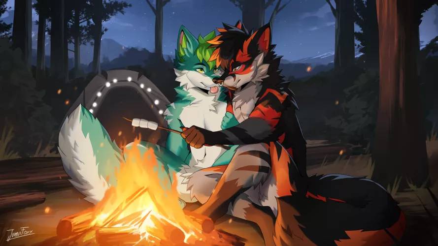 Chilling next to a campfire [art by JumiiFoxx] by BallOpener