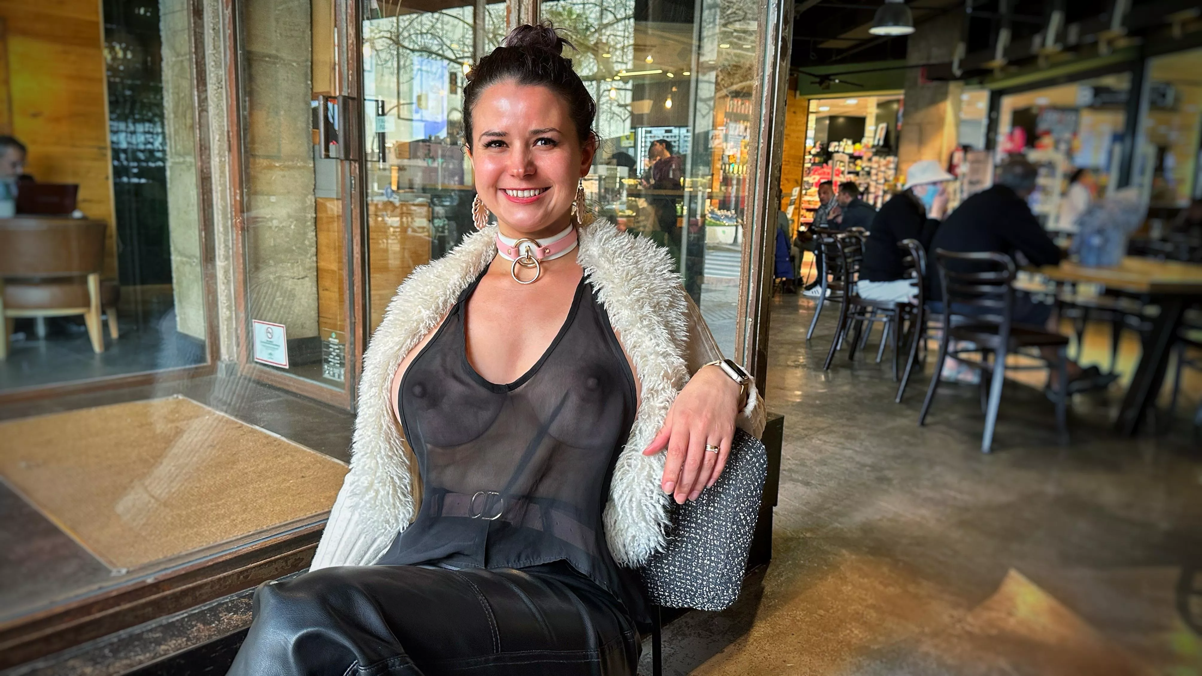 Out getting coffee in a very revealing top… it might be cold, but you can still look hot. posted by FreelyKaty