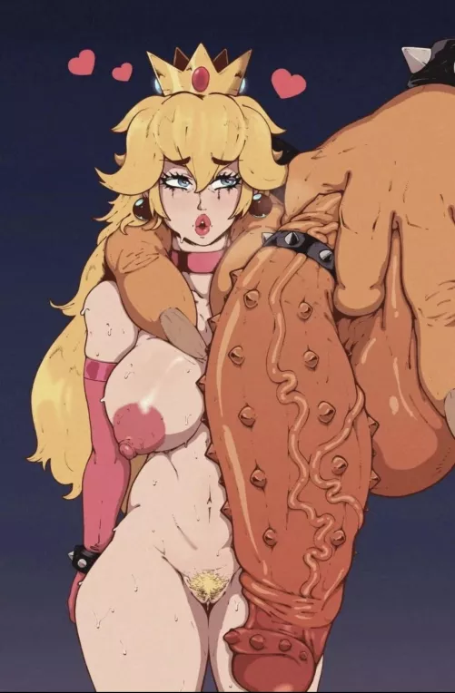 LF Color Source. Bowser, princess peach, 1girl, blonde, crown, neck collar, ball shaped earrings, hearts, long penis, spikes on penis, big testicles, big hands, long nails by Biggus_Dichus