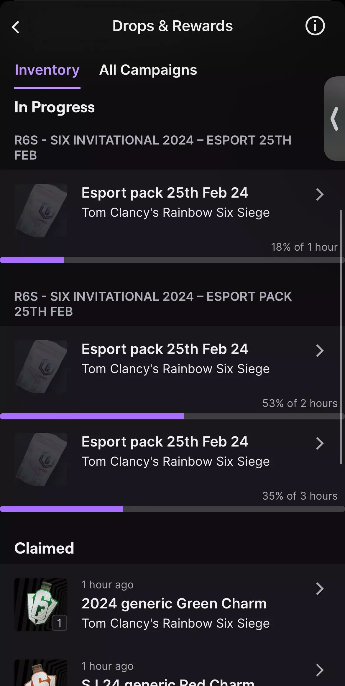 My drops are not updating watch time? The first one is but the bottom two have been at 53 and 35 for the past hour. posted by gogurtz2