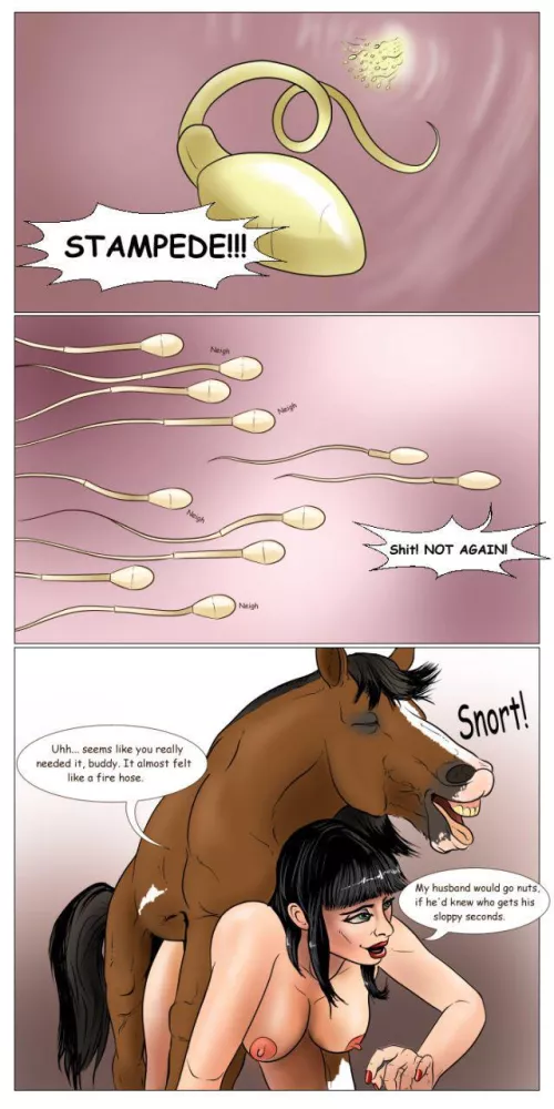 Even with a head start, her husband’s sperm doesn’t stand a chance against her horse’s in this human race to her egg! (vermilion888) by Slygirl997