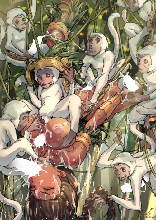 The monkeys are small but deceptively crafty. They're also very mischievous and lusty. And there are tens of thousands of them. Suspended in a crude but effective vine trap, Princess Mia is learning this the hardest way. [Civilization Online] (artist: J by SwampCarnictis