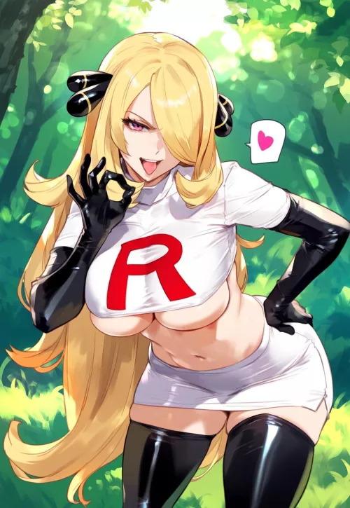 LF Color source: Cynthia, heart, latex gloves, latex stockings, underboob, blowjob sign, 1girl by Justaguybeingadood
