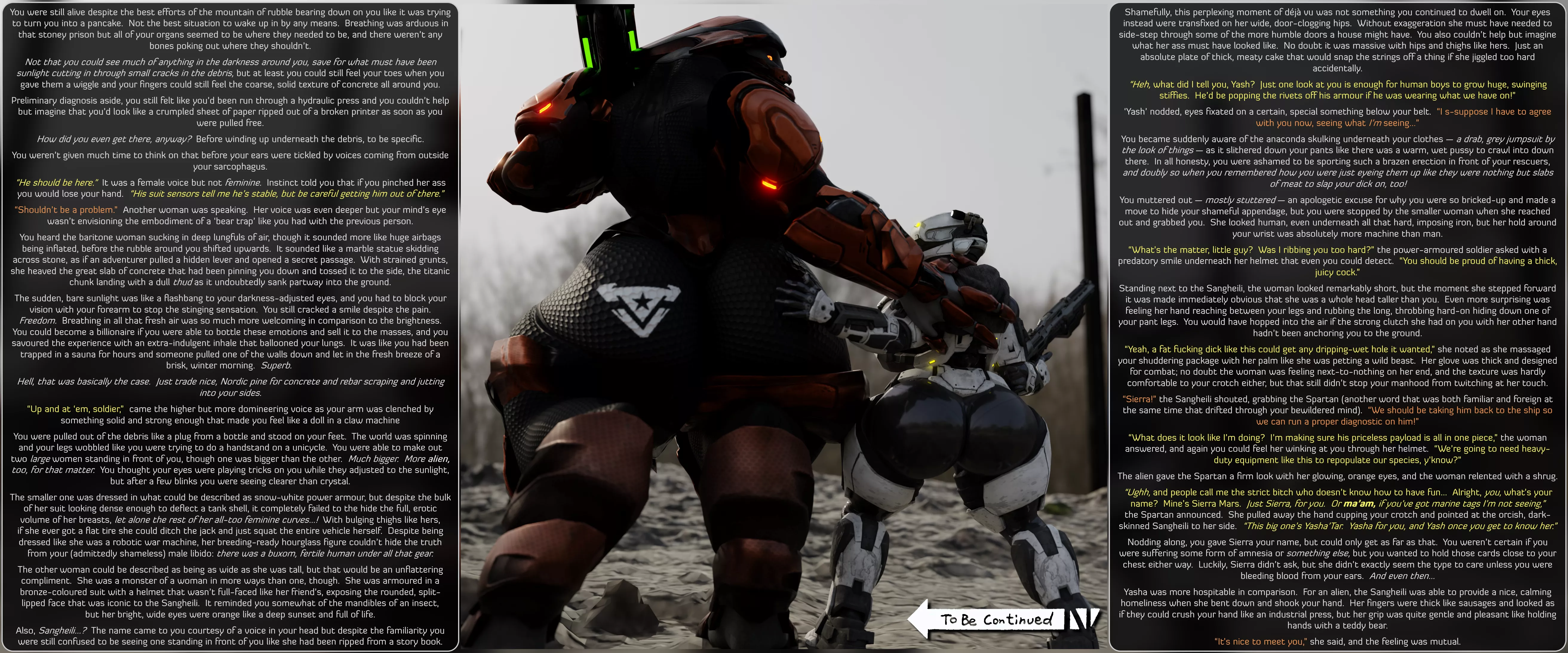 [FFxM] Stuck in the Middle with Them [Teaser Caption] [Halo] [Sangheilli] [Spartan] [FFM] [Threesome] [Amazons] [Size Difference] [Sci-Fi] [Human'd] [Femdom & Maledom] posted by BasedDoggoCaptions