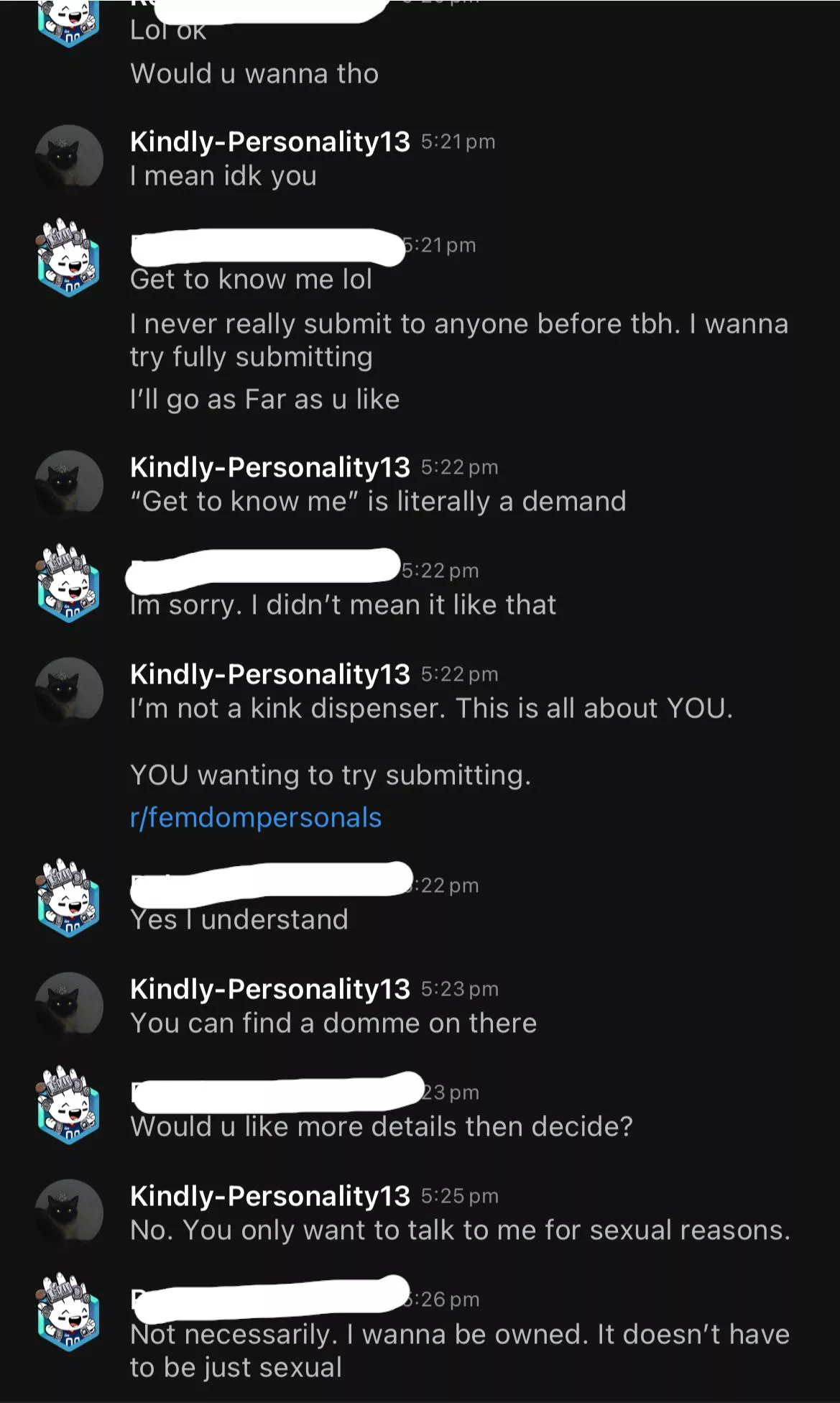 Hey subs, the personals subs exist for a reason. Dming us asking if we’ll be your domme is disrespectful. Not a compliment. posted by Kindly-Personality13