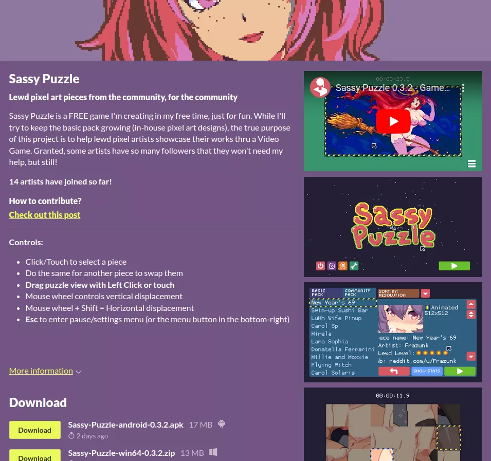 Game/Library of Lewd Pixel Art (100% free). So far 14 artists joined, more than 60 lewd pieces in the form of a puzzle. Link in comments. posted by tavuntu