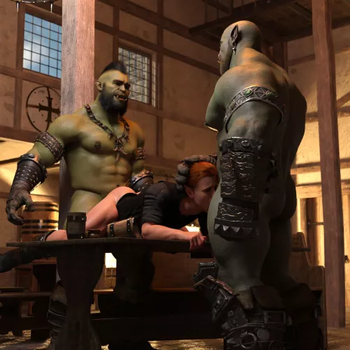 Two burly orcs having fun with a twink...I mean elf in a local tavern. [@Wereorc] by AlterionYuuhi