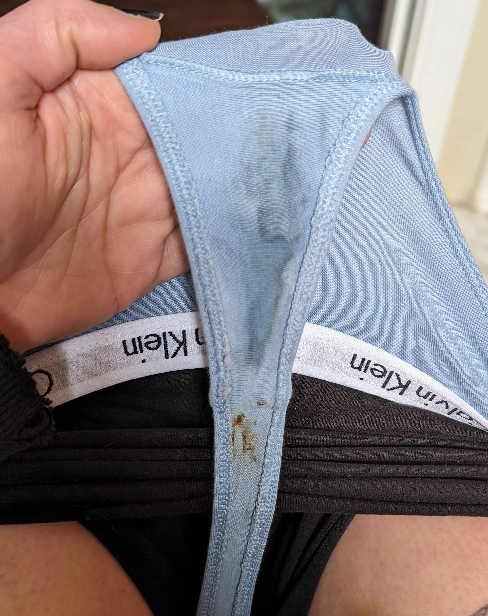 Update on baby blue CK thong. Got some skids and cum layered on! posted by Limp_Trifle_9832