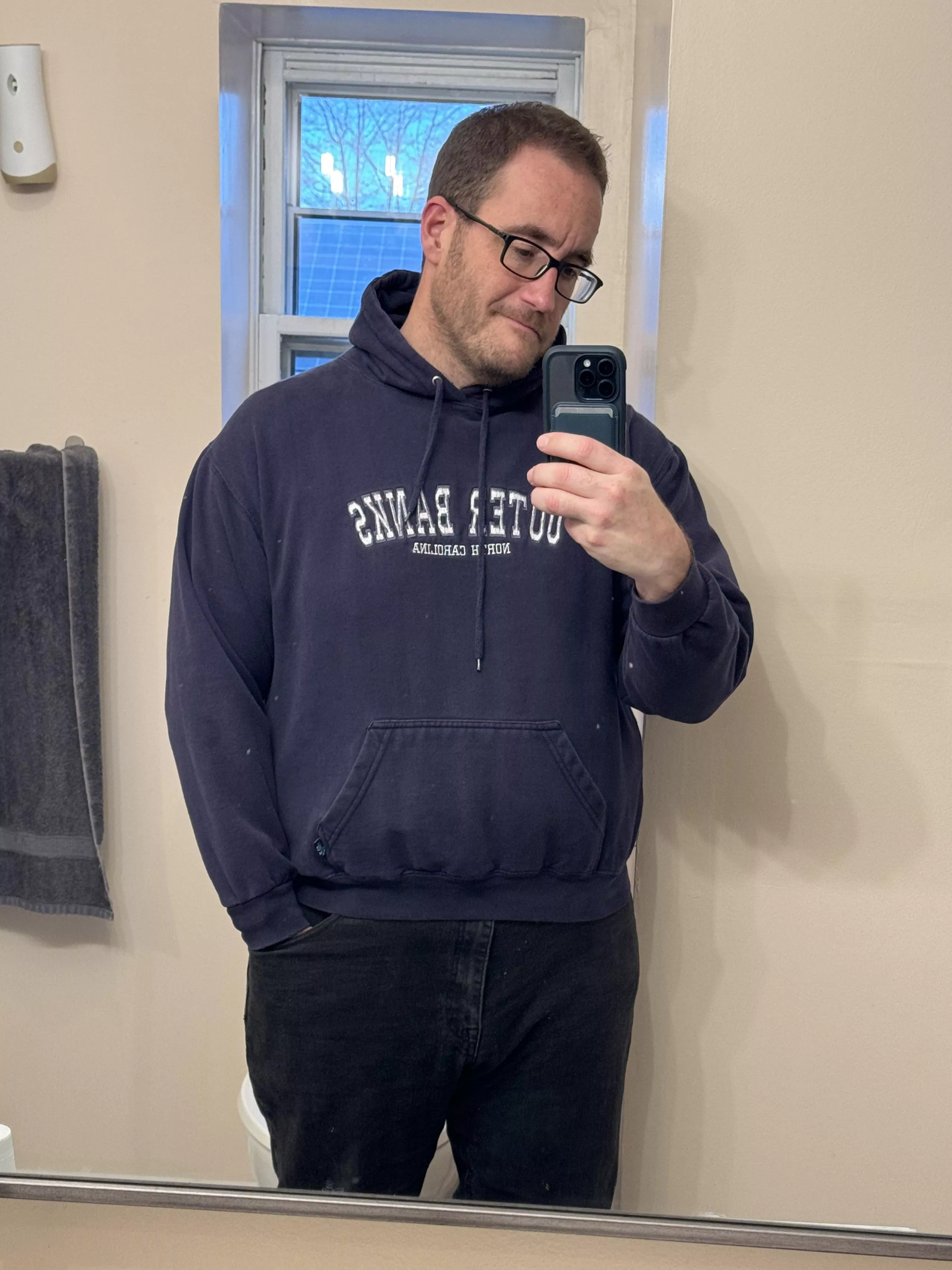 Old hoodie I’ve avoided is fitting better these days. Pants are too big now and I’m 1 notch from the small end of my belt! posted by runningthefataway