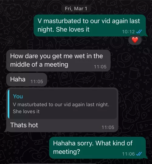 Hubby texting our cuckcake about me. I love our dynamic, that he films it for me, and that she’s happy to keep seeing him. She’s so respectful and loves the sex and everything about our arrangement. by VioletVanDyke