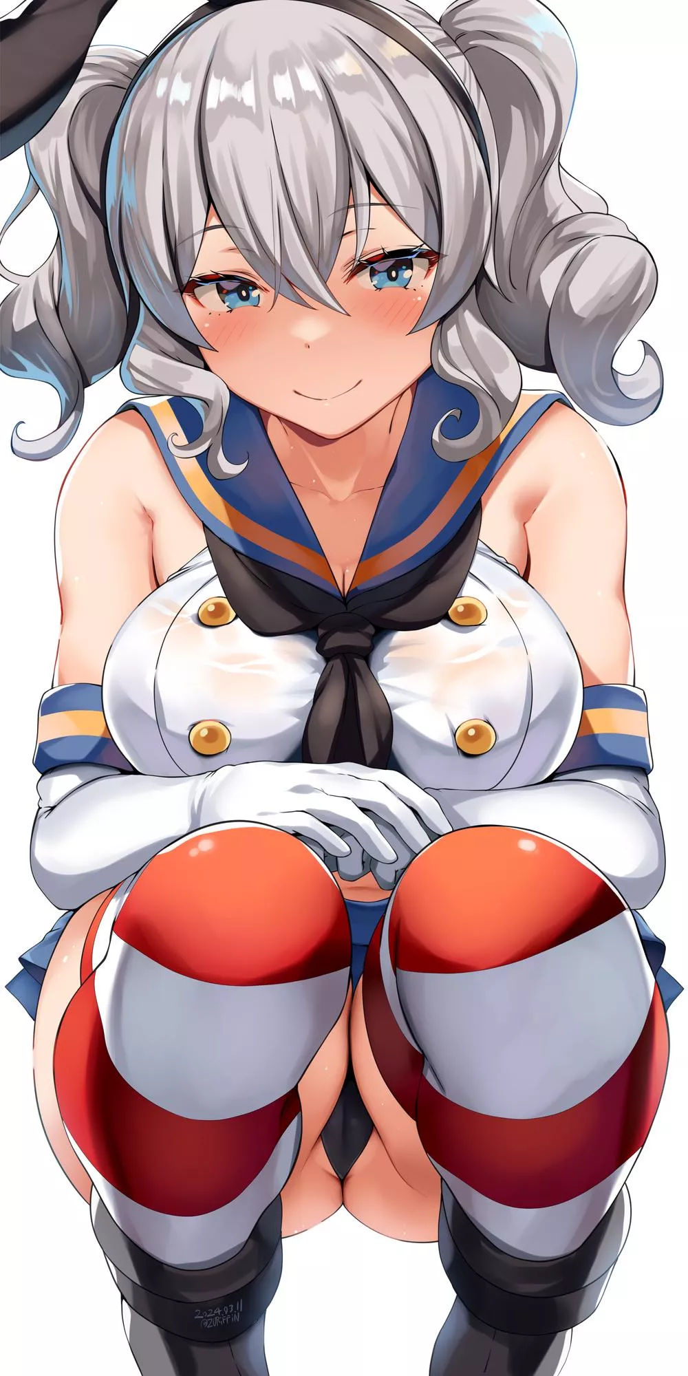 Kashima in Shimakaze cosplay squatting down posted by llamanatee