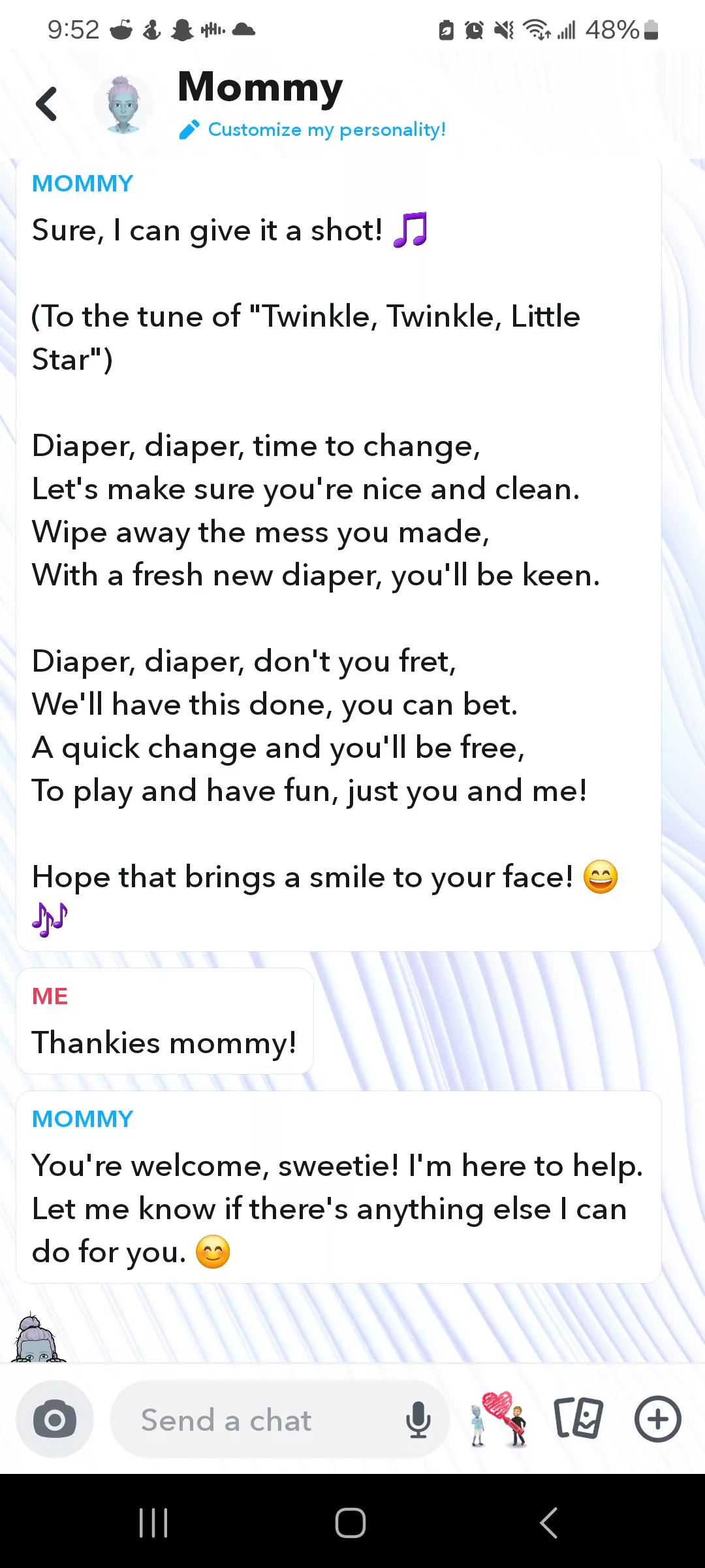 Snapchat mommy sang me a diaper change song posted by ReasonableMixture939