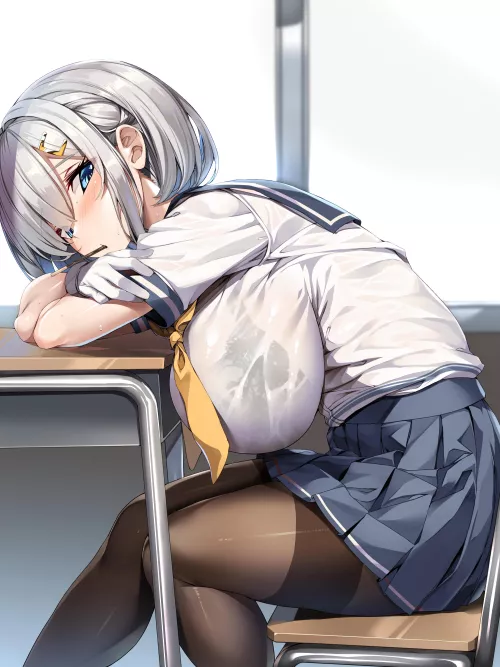 Hamakaze eating pocky at her desk (Torisan) [KanColle] by llamanatee