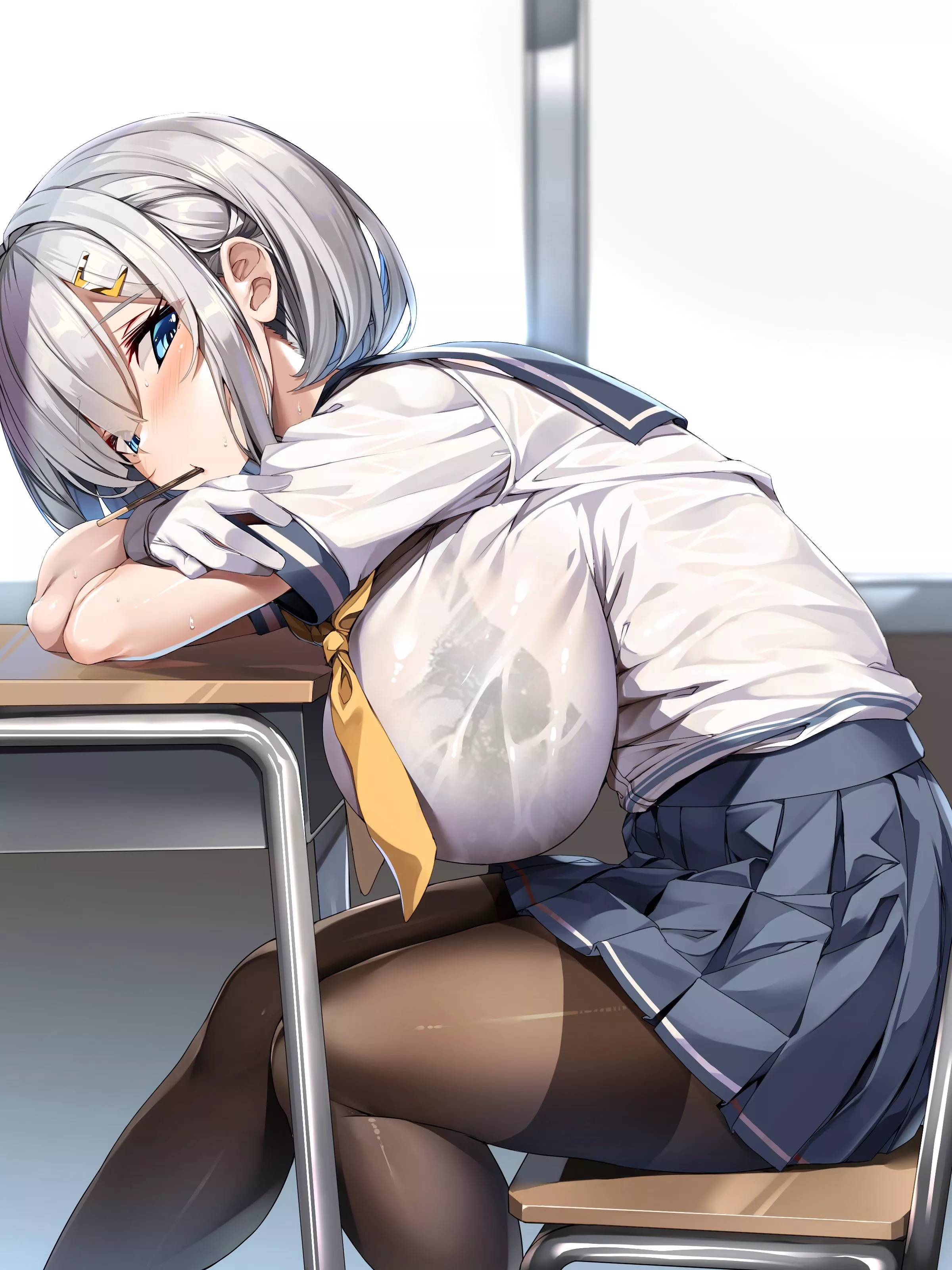 Hamakaze eating pocky at her desk (Torisan) [KanColle] posted by llamanatee