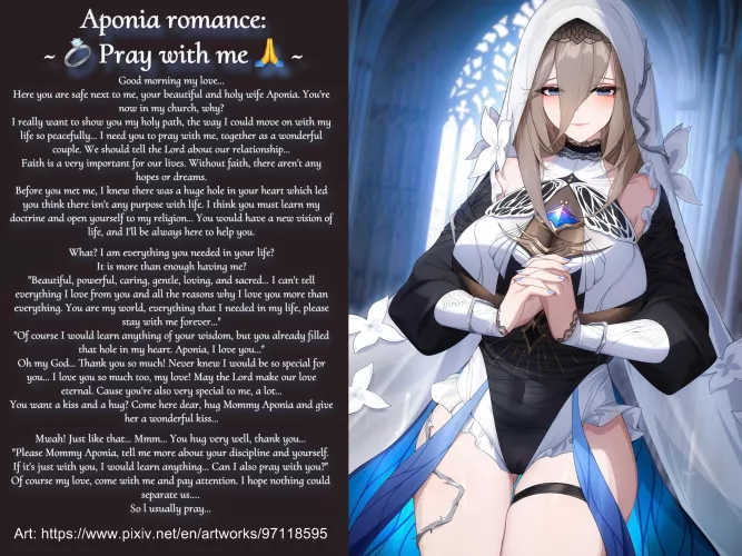 Aponia romance #3 [Honkai] [Nun] [Married] [Loving wife] [No sex] [Just pure real love] [Implied praying] [Cuddles] by Dark_Chepo