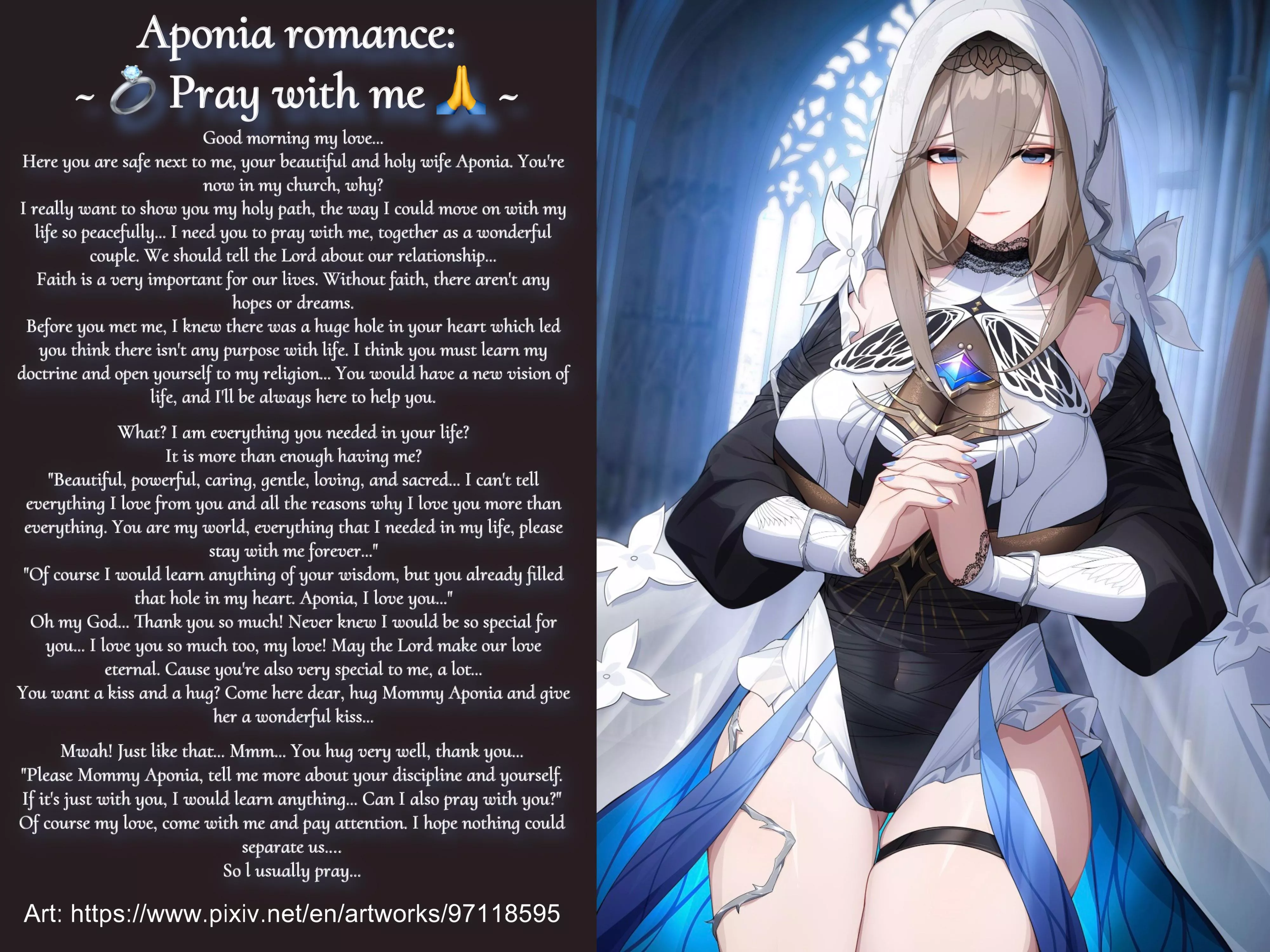 Aponia romance #3 [Honkai] [Nun] [Married] [Loving wife] [No sex] [Just pure real love] [Implied praying] [Cuddles] posted by Dark_Chepo