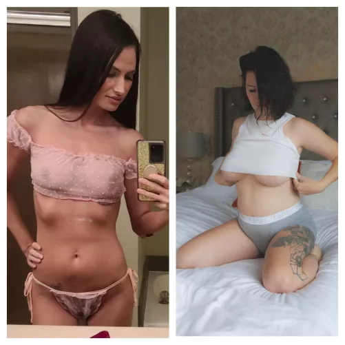 Before and after 445 CC implants and about 30lbs later by madams0921