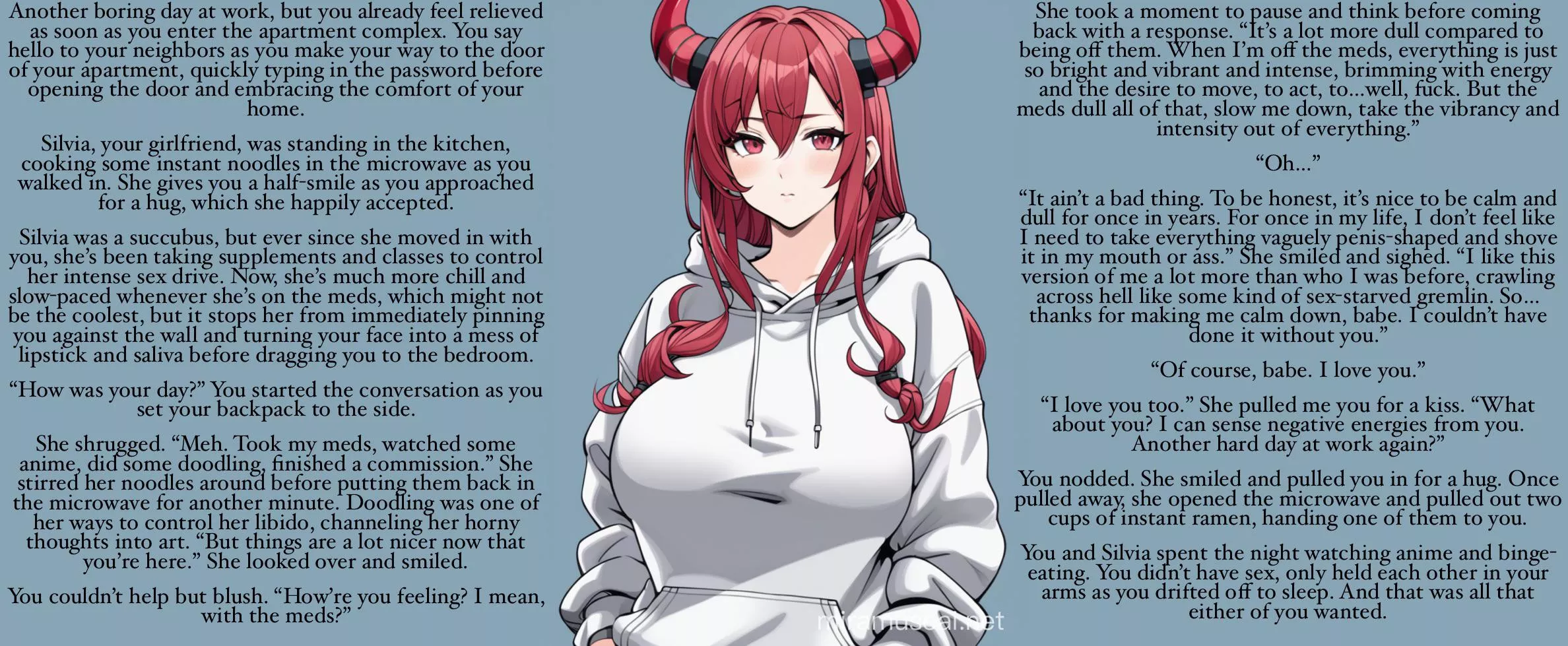 Casual Friday [gender neutral reader] [succubus girlfriend] [no sex] [chill/slow] [meds] [caring/loving] [wholesome] posted by Sir-M-Oxlong