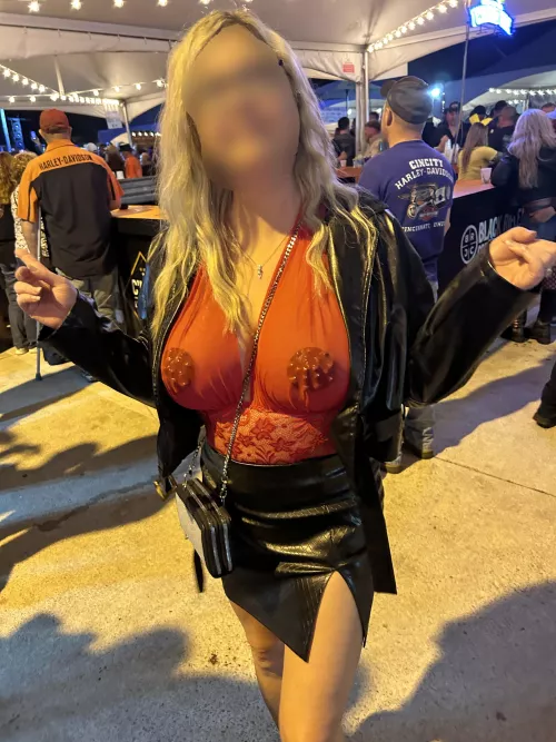 How about some leather studded pasties, sheer lingerie, and a leather skirt! It happened at Daytona Bike Week this year [image] by hotwifeshowoffxxx