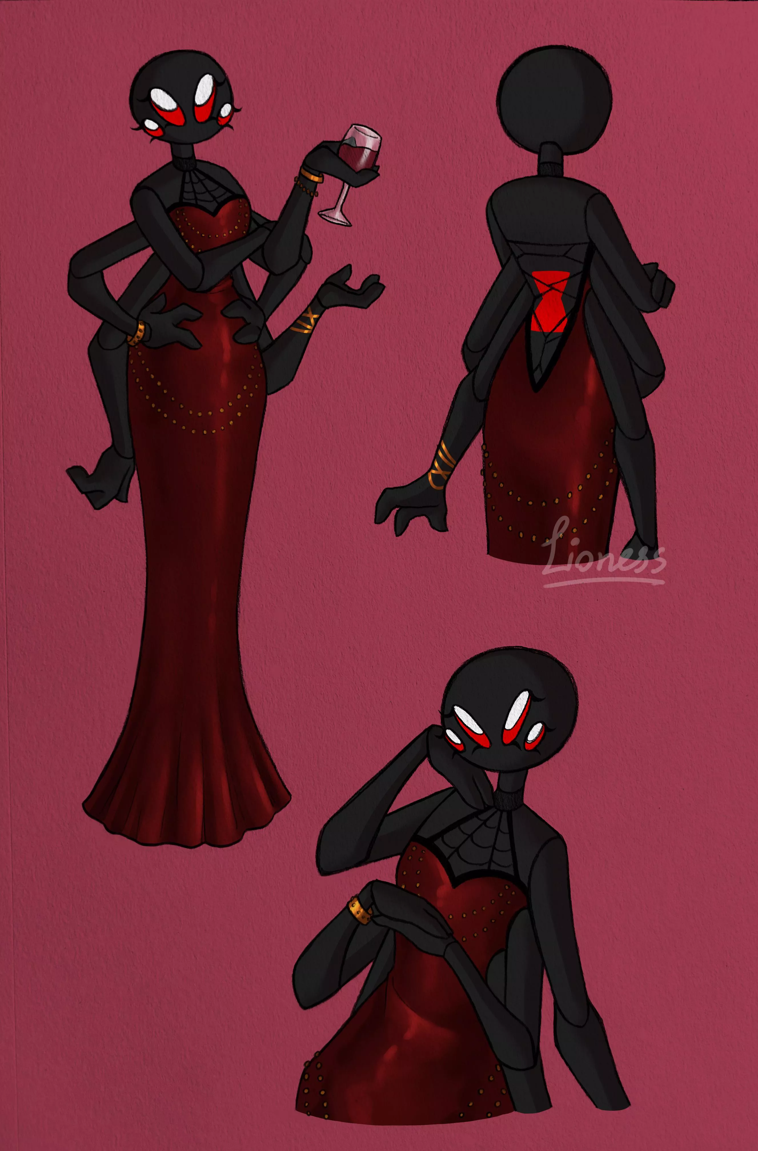 I drew my black widow OC, Nancy, in this dress just to show off the hourglass marking posted by Lioness724