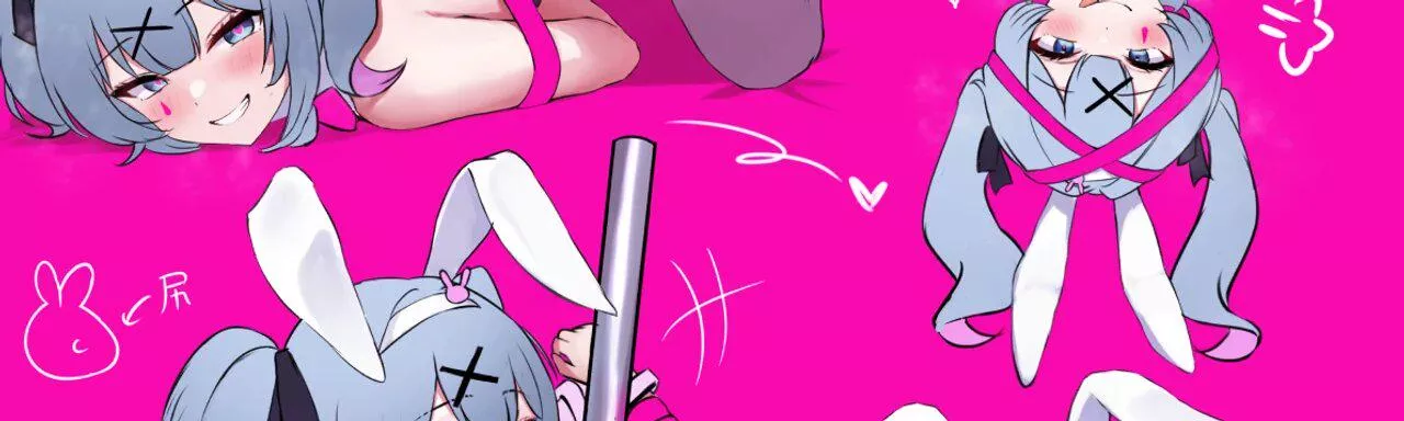 LF color source: 1girl, pink background, crop, heart, bunny girl, bunny ears, blue hair, smiling, hairband, teeth, bangs, bare shoulder, foreign text posted by gmdragon