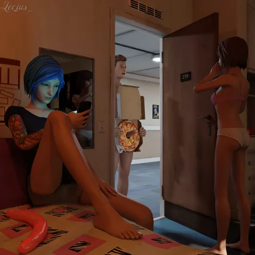 Nathan lost a bet, much to Max´s shock... Pizza delivery surprise! [Max Caulfield, Chloe Price, Nathan Prescott] by (Levius_) by levius_