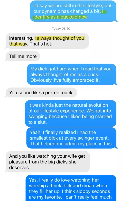 I came out as a cuckold to a friend from our swinger days. His response nearly made me cum in my pants on my way to work this morning. Most people think I’m an Alpha, but this guy saw the real me. by GGG4Us