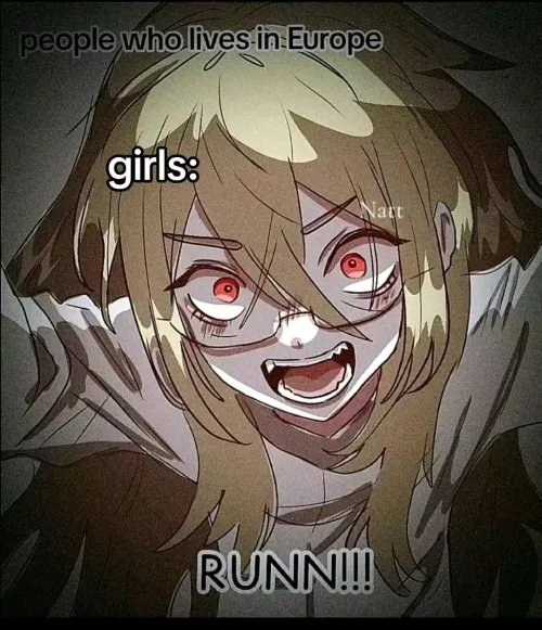 LF color source: 1girl, scream, blush, open mouth, blonde hair, glasses, angry face, teeth, pajamas, small breasts, simple background, white background, red eyes, very long hair, looking at viewer, eyebrows visible through hair, meme, english text: 