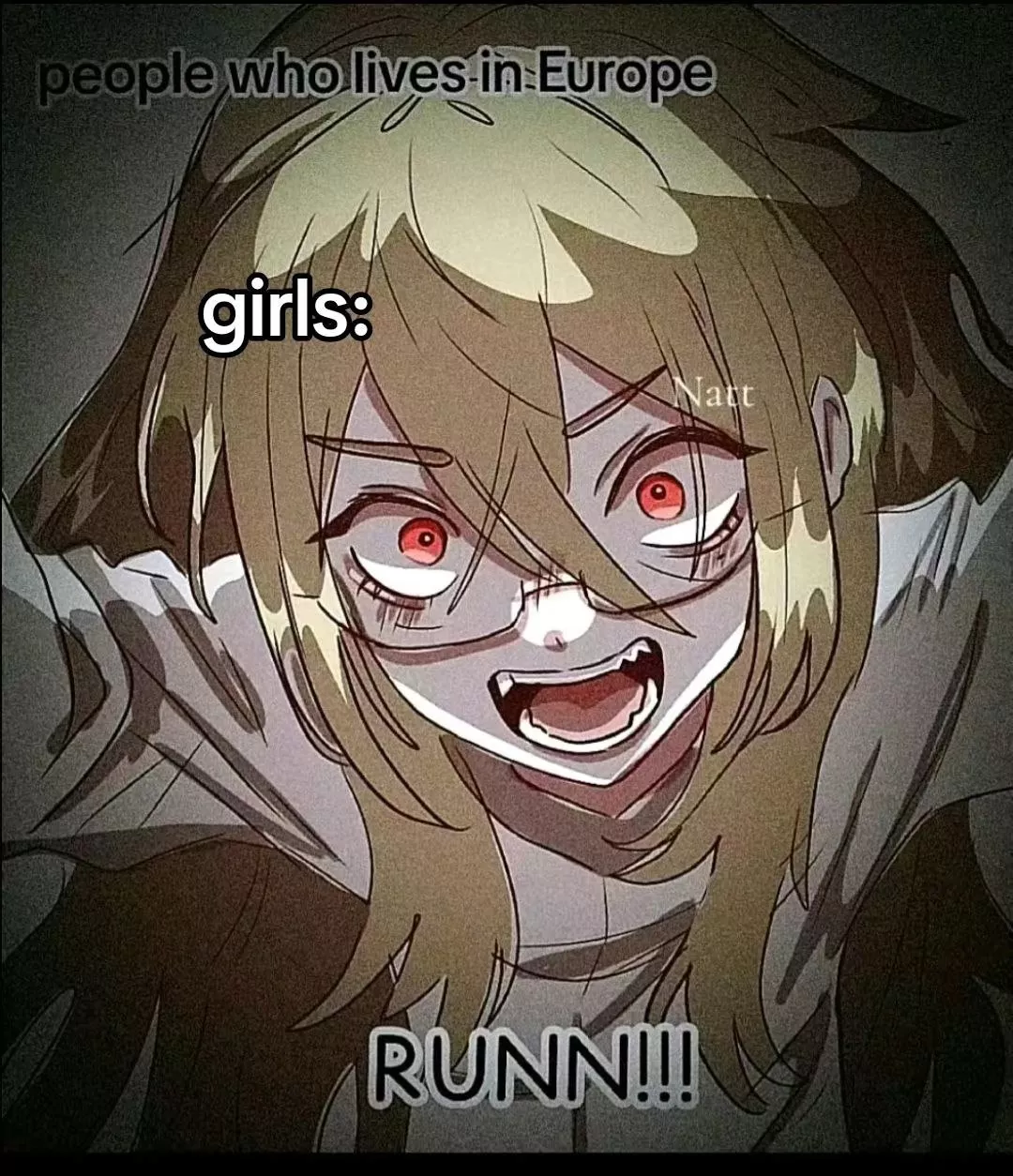 LF color source: 1girl, scream, blush, open mouth, blonde hair, glasses, angry face, teeth, pajamas, small breasts, simple background, white background, red eyes, very long hair, looking at viewer, eyebrows visible through hair, meme, english text: 