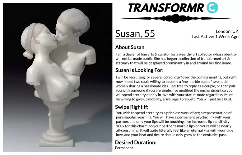 Transformr Profile: Susan [Caption, Inanimate, Petrification, Statue-TF] by SloaneIvy by Xander178