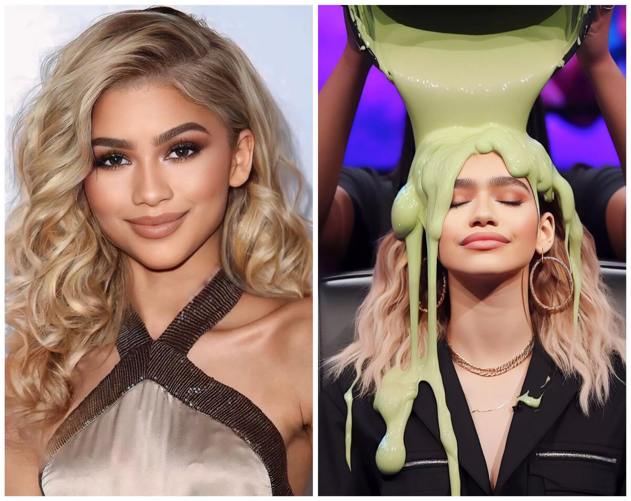 Blonde Zendaya covered in cake batter green slime 😍🤤 posted by Sufficient_Bite9219