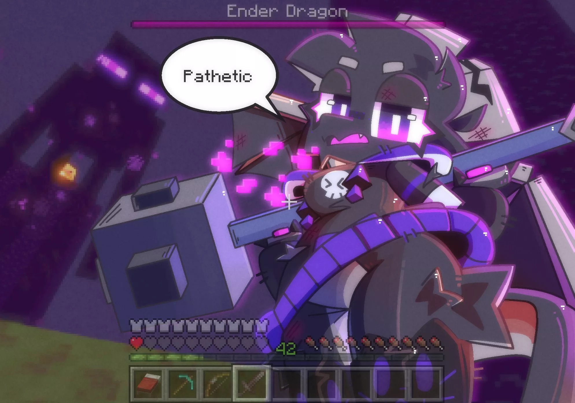 I missed the jump shot with my mace on the ender dragon in Minecraft and now she's laughing at me how do I uninstall the game alt+f4 isn't working pls help (art by me @fridgenstuffs on twitter) posted by click_m